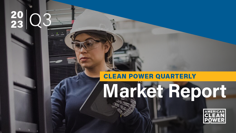 A rectangular version of ACP's Clean Power Quarterly Market Q3 2023 cover image, showing a woman in a hard hat at work.